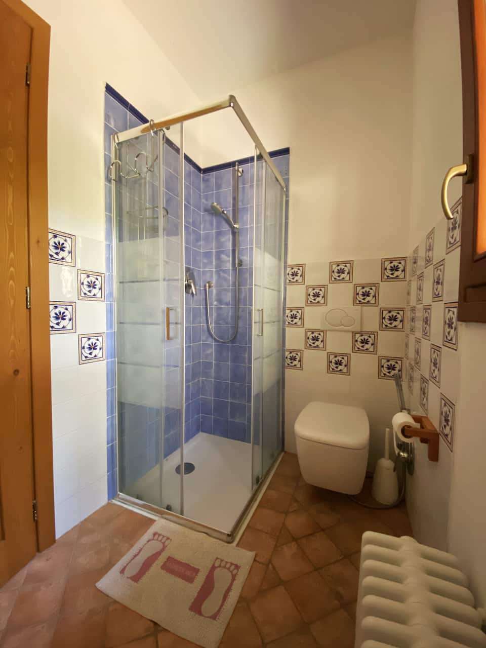 Bathroom with blue tiled shower